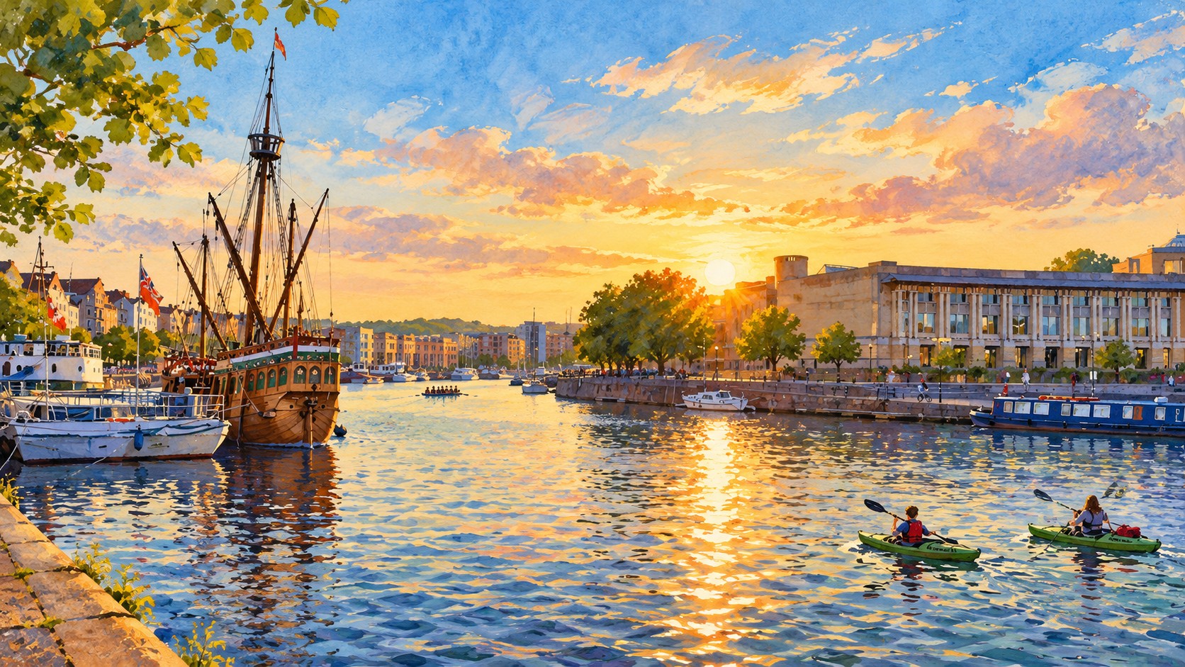 Artist’s impression of Boats and waterfront buildings beside Bristol’s Floating Harbour at sunset