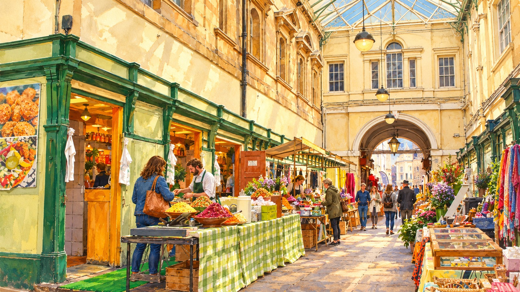 Artist’s impression of The interior of St Nicholas Market in Bristol, with stalls beneath the covered roof