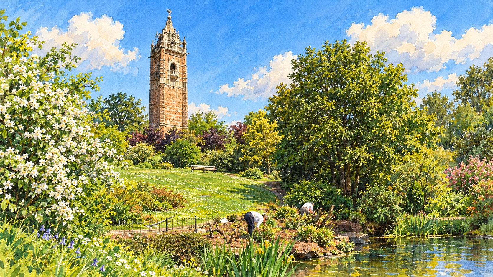 Artist’s impression of Cabot Tower rising above trees on Brandon Hill in Bristol